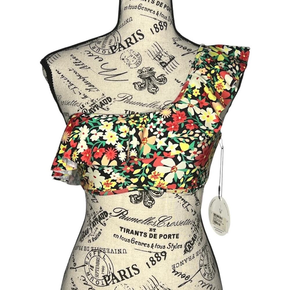 Lost + Wander (S) "Lush Adventure" Floral Ruffle One Shoulder Bikini Swim Top